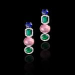 diamond, emerald, blue sapphire & cabochon pink tourmaline earring