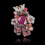 ruby, pink tourmalines, black & white diamond ring